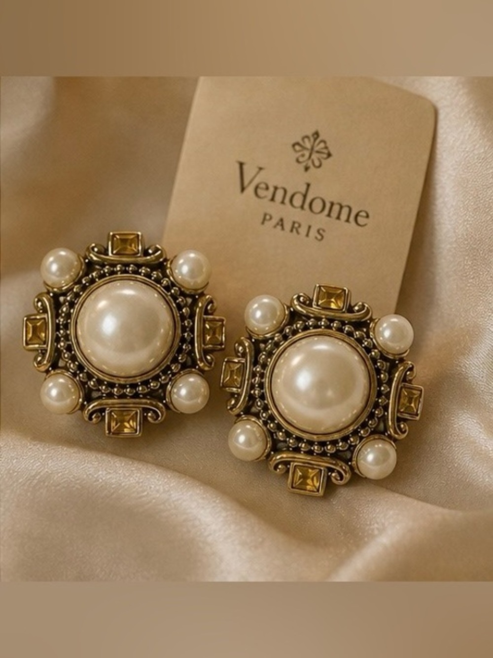 💫Vintage Vendome Clip Earrings • Gold Finish w/Pearls & Citrine Stones💛💛